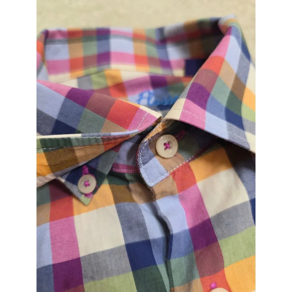 Alan Flusser Mens Large Multi Color Plaid Button Down Shirt Cotton Long Sleeve